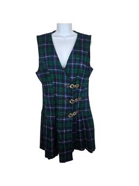 Vintage 90s Green Blue Tartan Plaid Sleeveless Jumper Dress Womens L